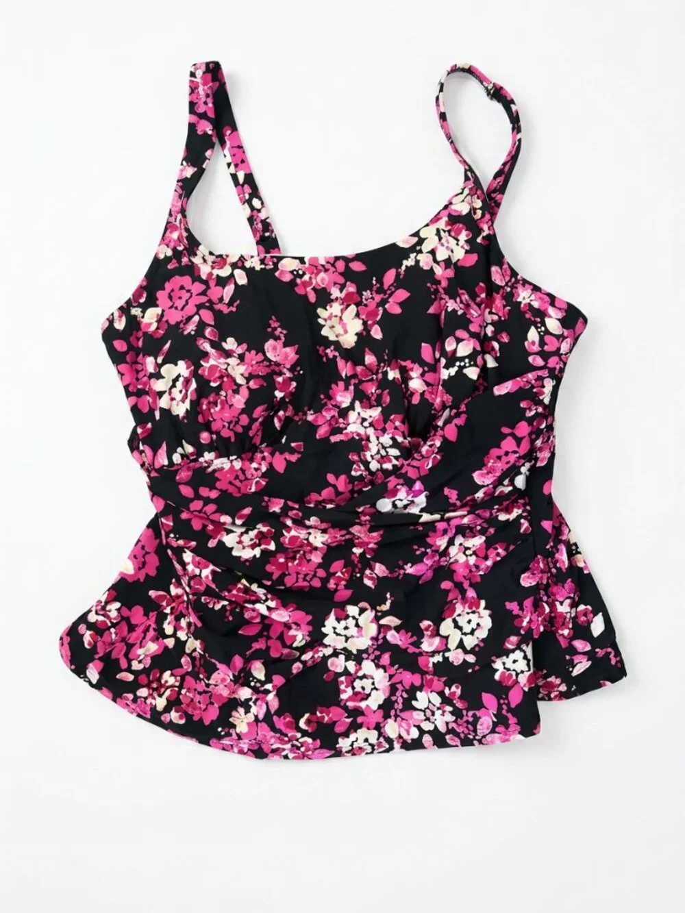 Lands' End Ruched Tankini Swim Top Black Pink Floral 18W